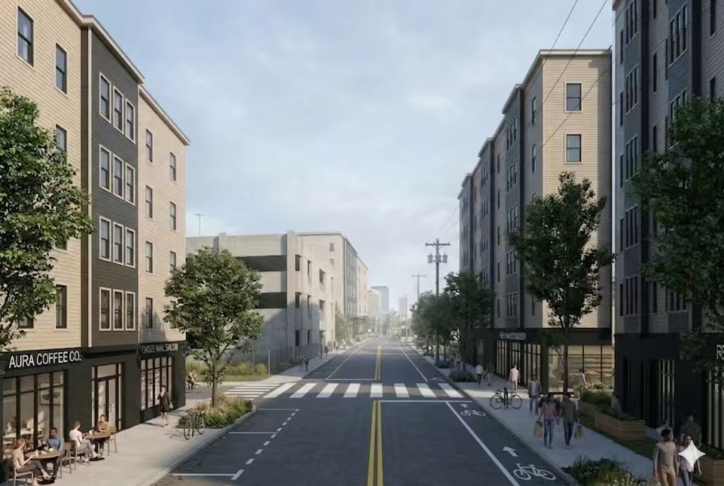 Urban housing corridor · daylight rendering