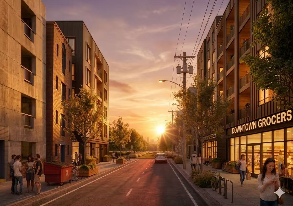 Downtown mixed-use street · evening rendering